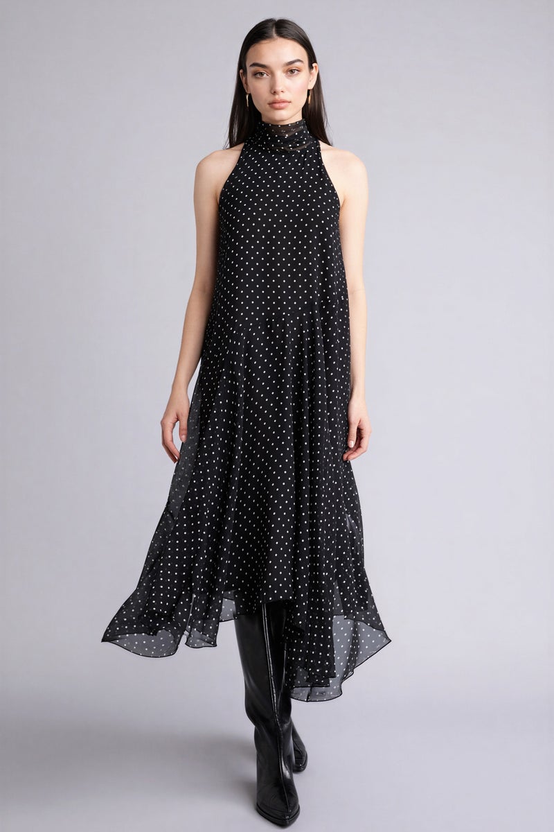 DeFacto Black Woman Asymmetric Degaje Neck Dot Printed Chiffon Midi Dress Casual - Image 3